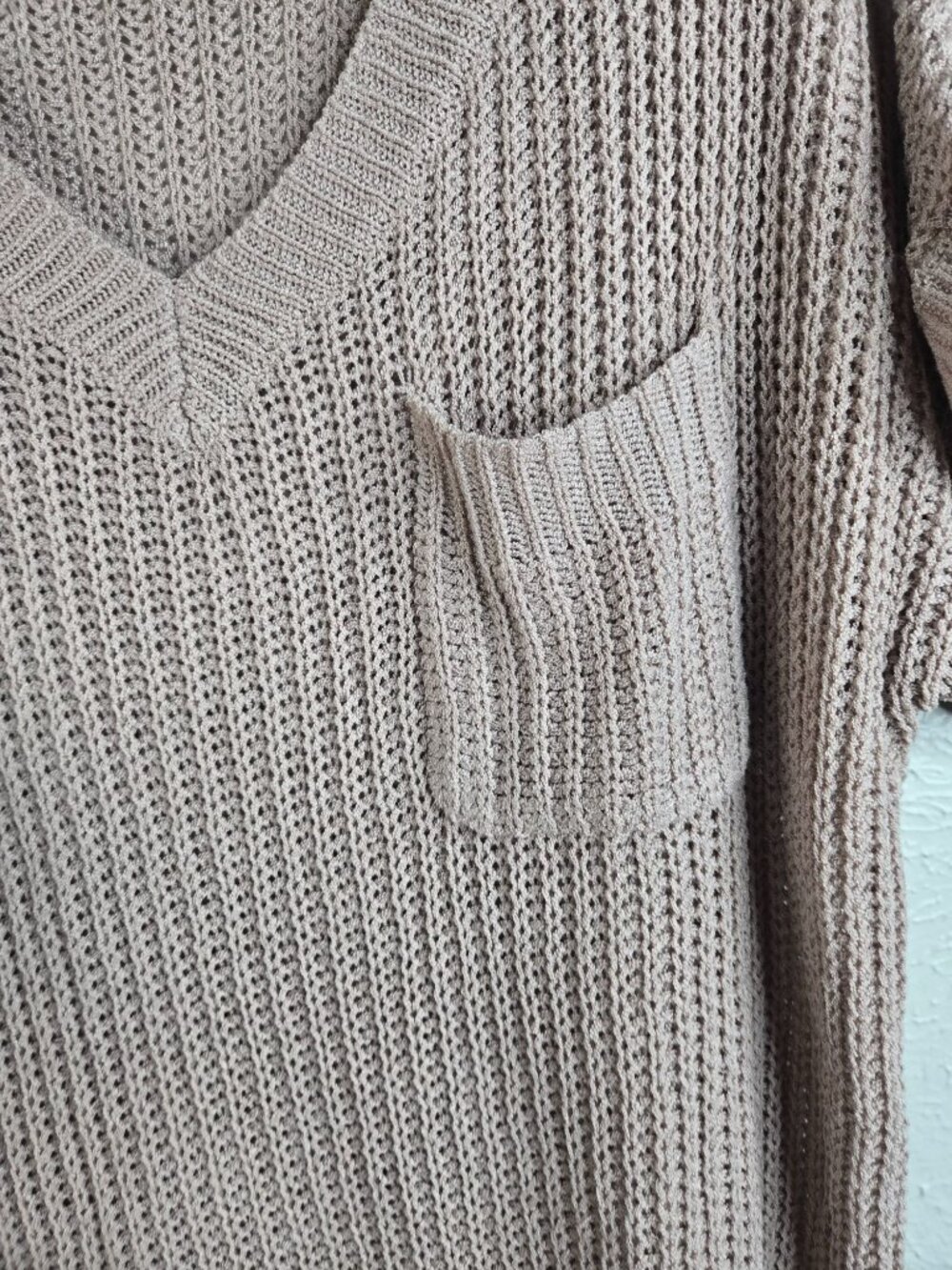 Open Knit Oversized Top Med Taupe Short Sleeve Realaxed Slouchy Cover Up Shirt - Picture 7 of 11